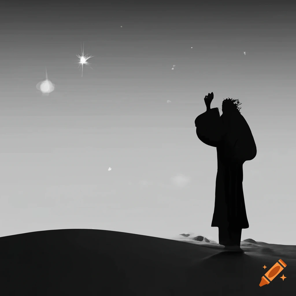 Minimalist art of ancient traders crossing a desert under the North Star