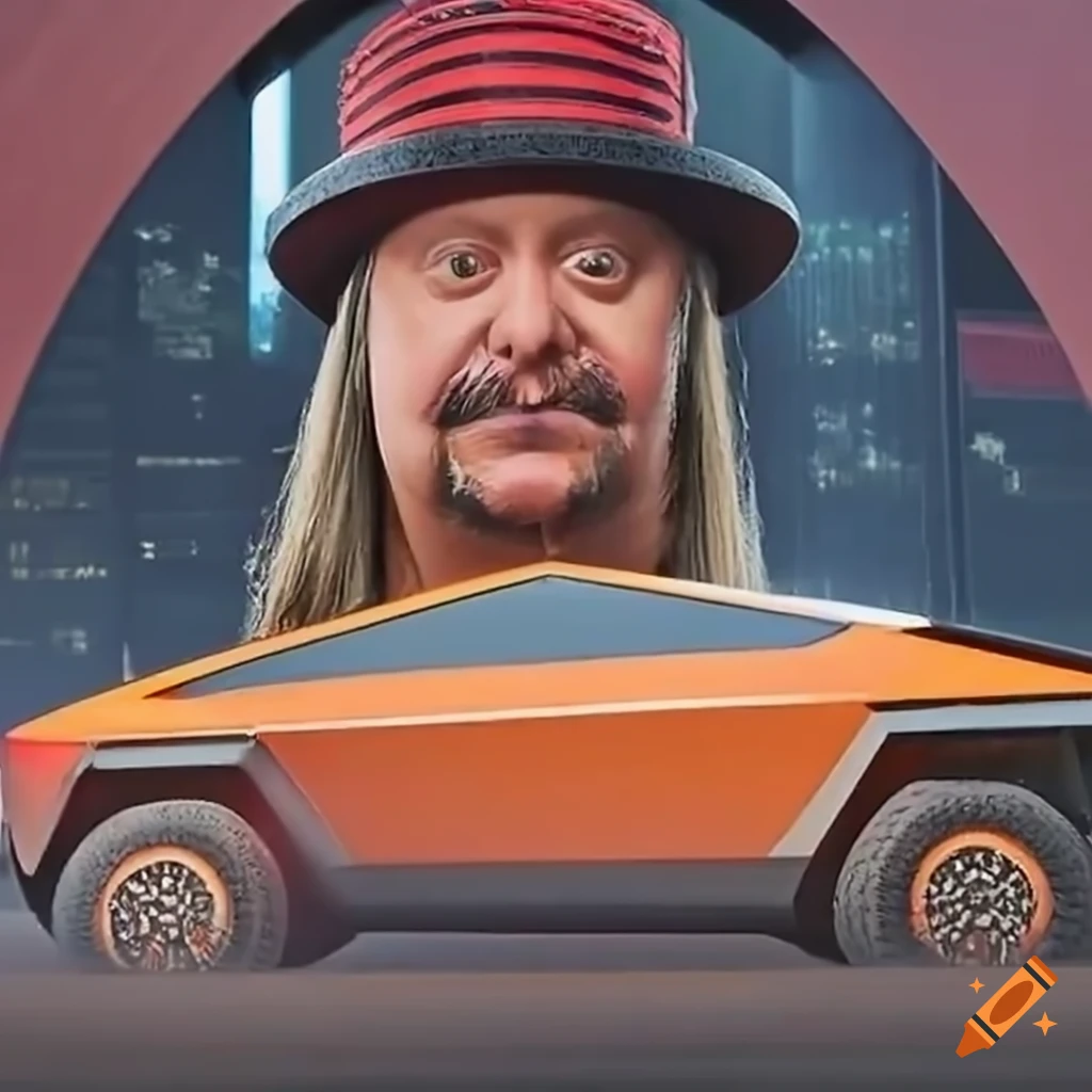 Satirical depiction of a person next to a cyber truck at a rodeo