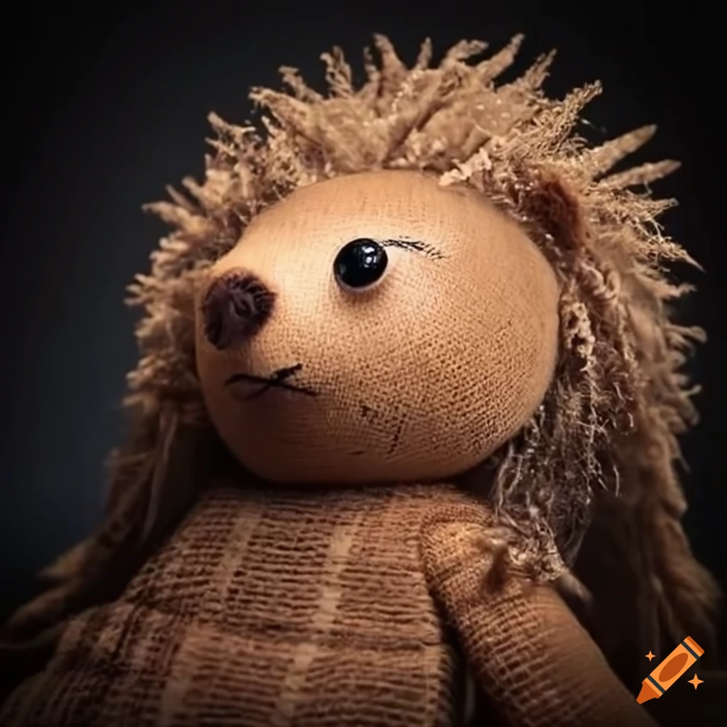Cute porcupine burlap doll in bed at night
