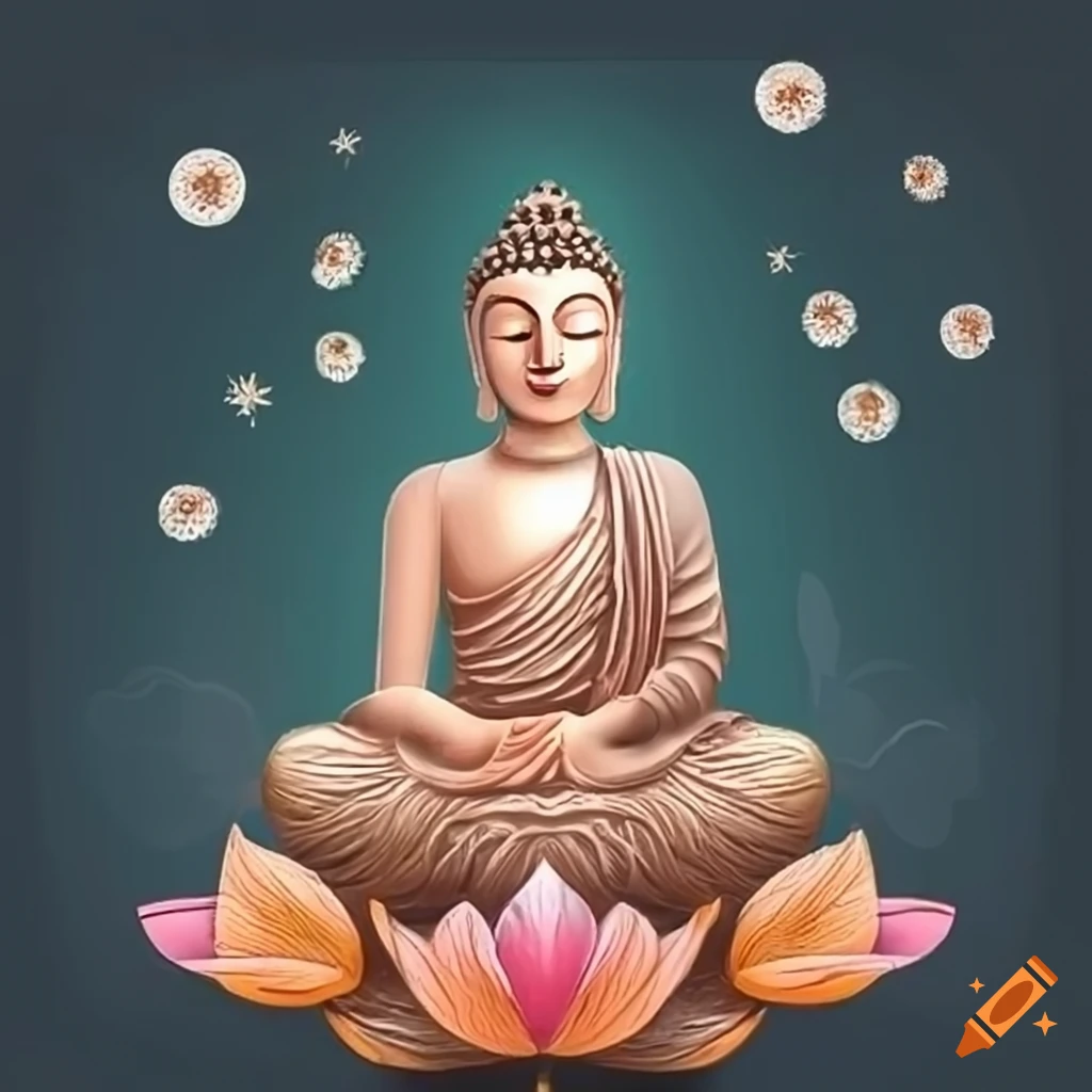 Vesak card with Buddha statue on lotus flower under the Bo tree