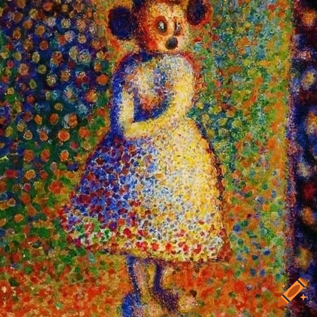 Minnie Mouse in tall form painted in pointillism style by Georges Seurat