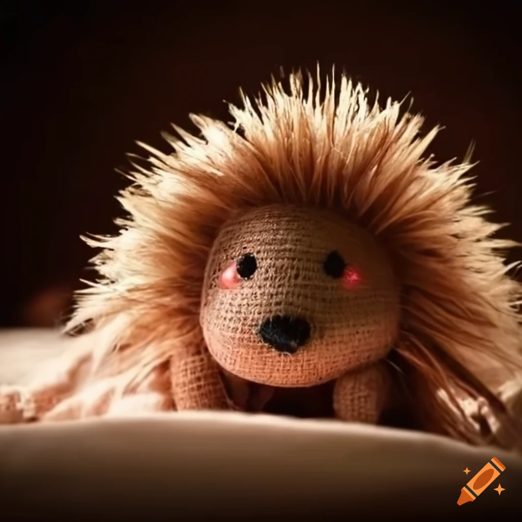 Cute porcupine burlap doll in bed at night