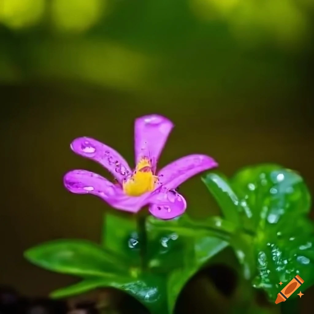 Rain-soaked blooming flower by a quiet pathway