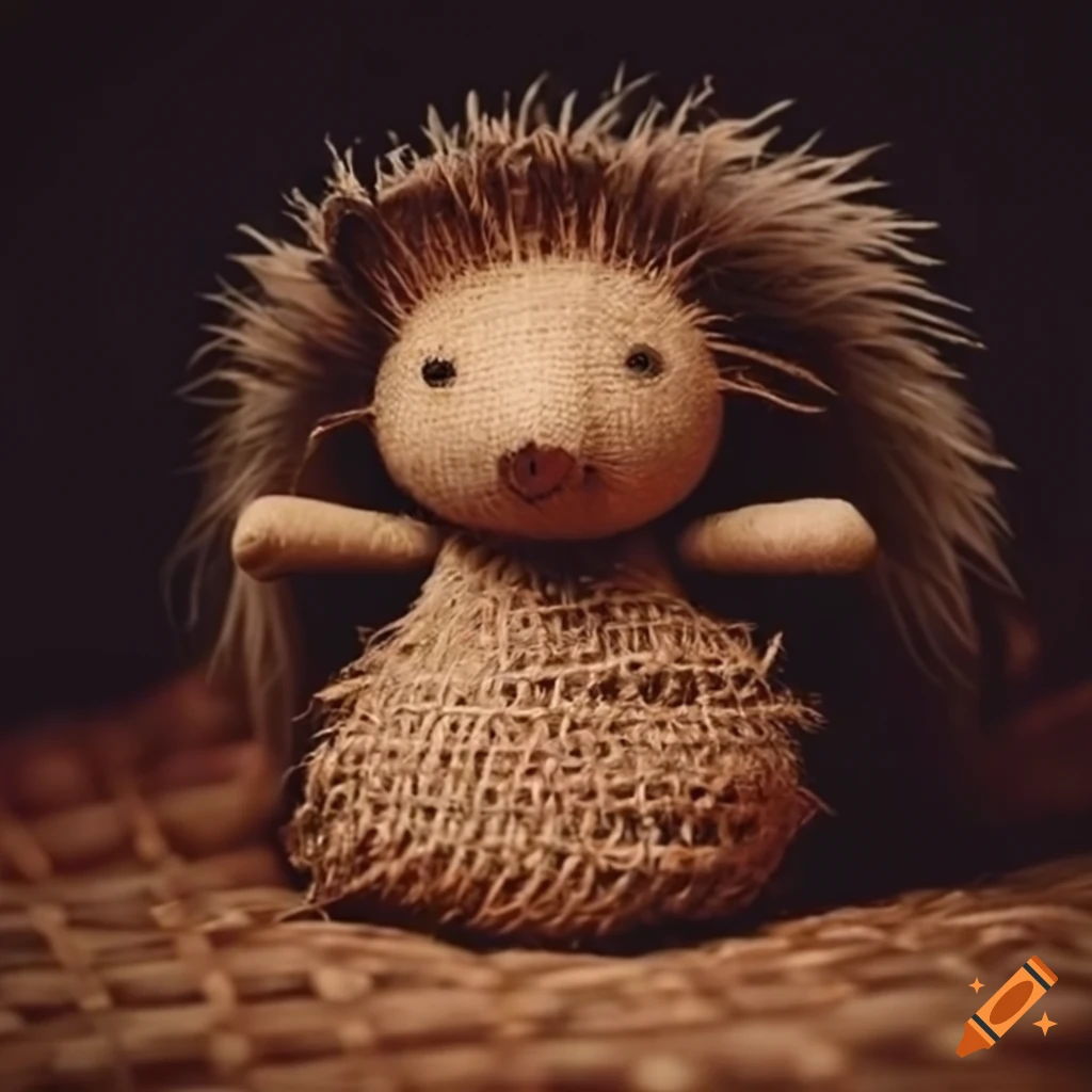 Cute porcupine burlap doll in bed at night