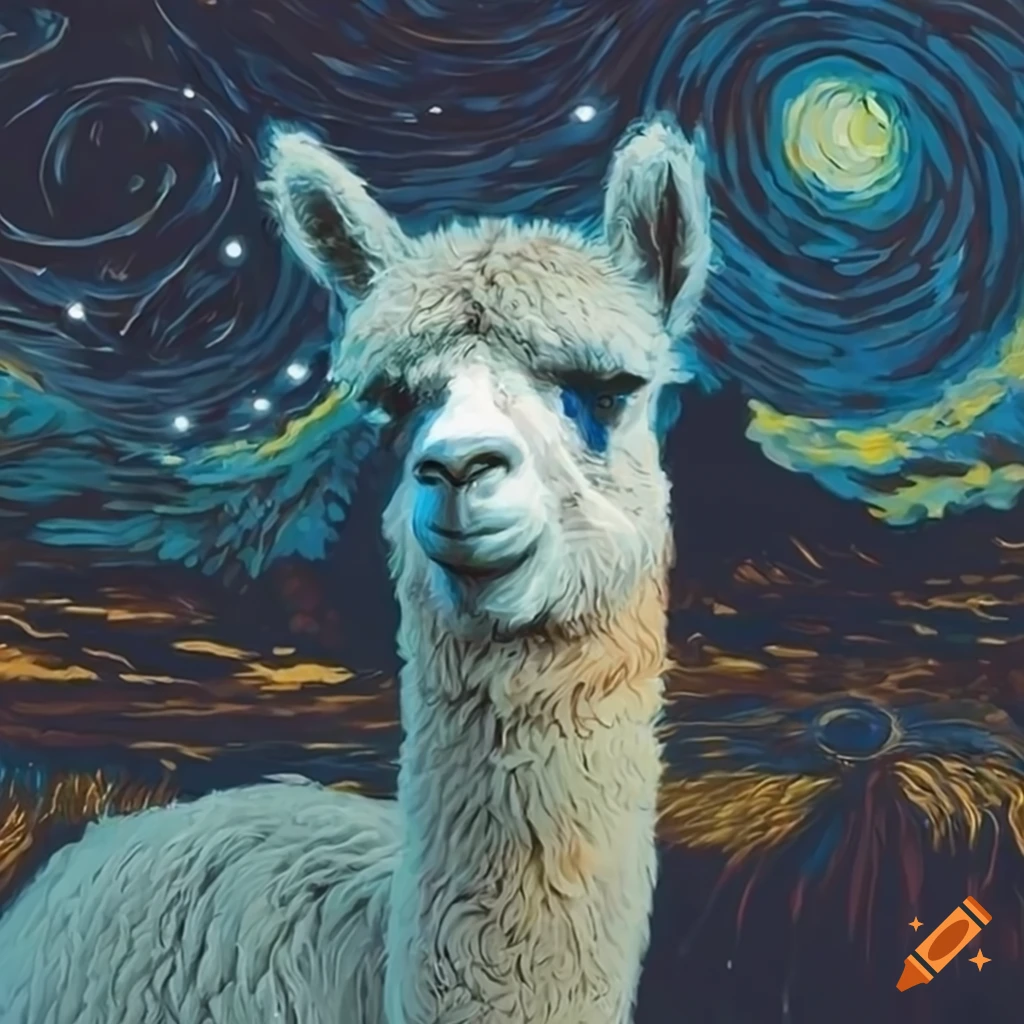 Alpacas in a van Gogh Starry Night themed background