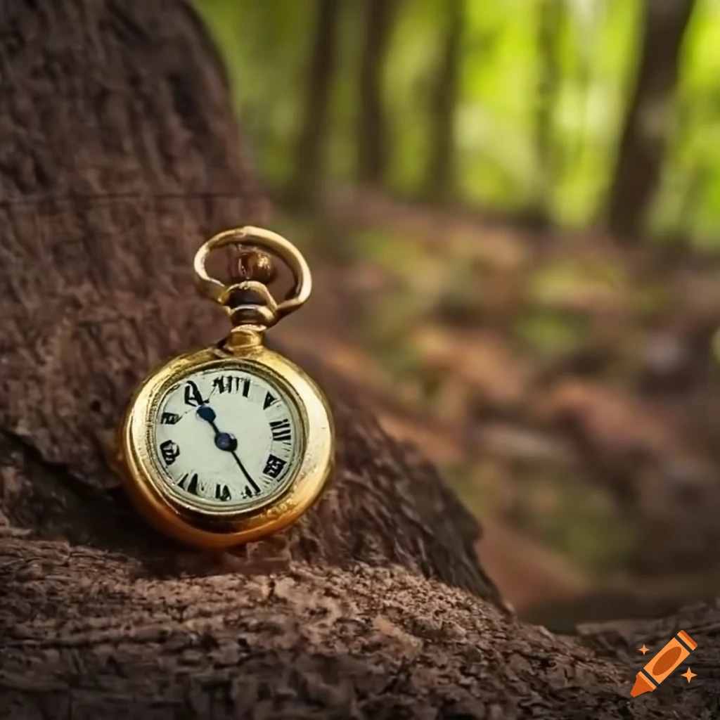 Golden pocket watch near an ant hill in the forest on Craiyon