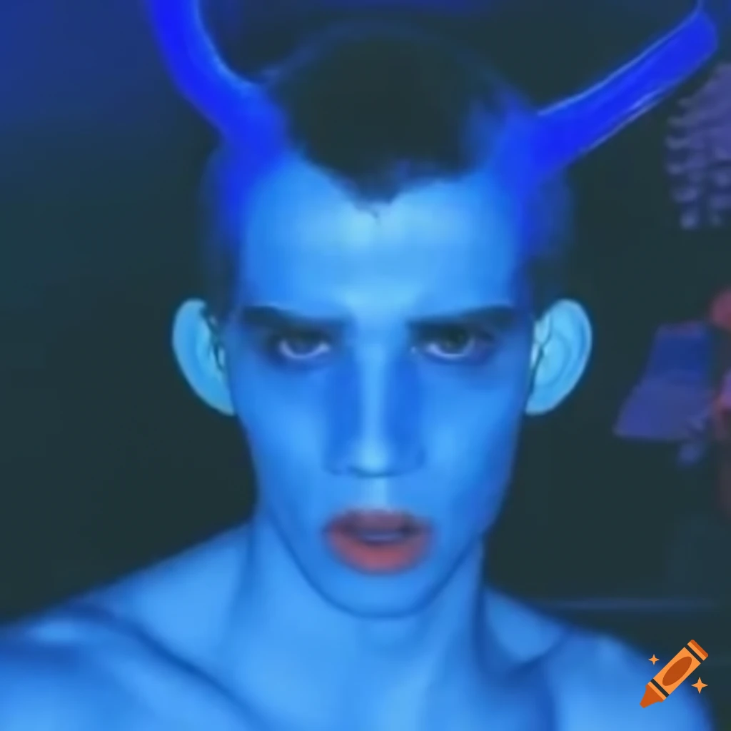 Blue man listening to music underwater with a Y2K aesthetic