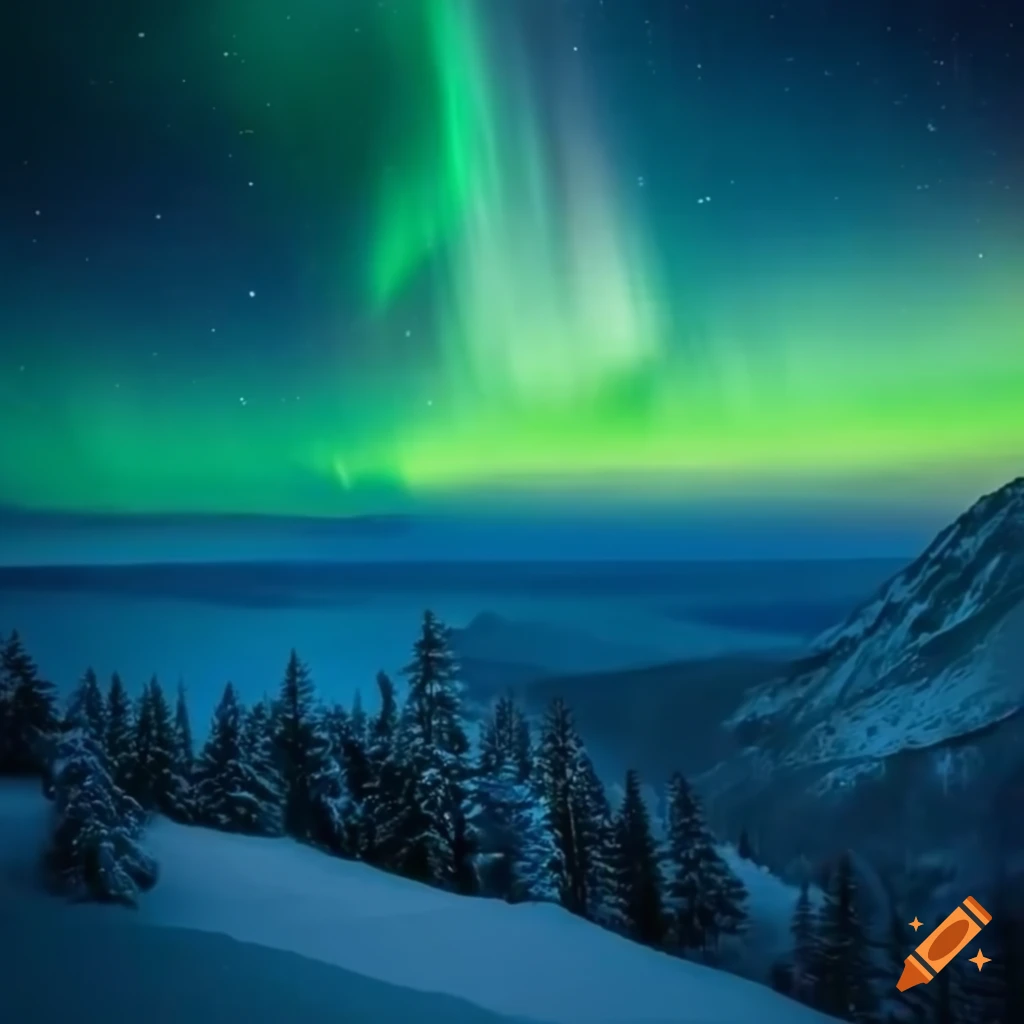 Icy lake viewed from a mountain with beautiful trees, deers, and northern lights