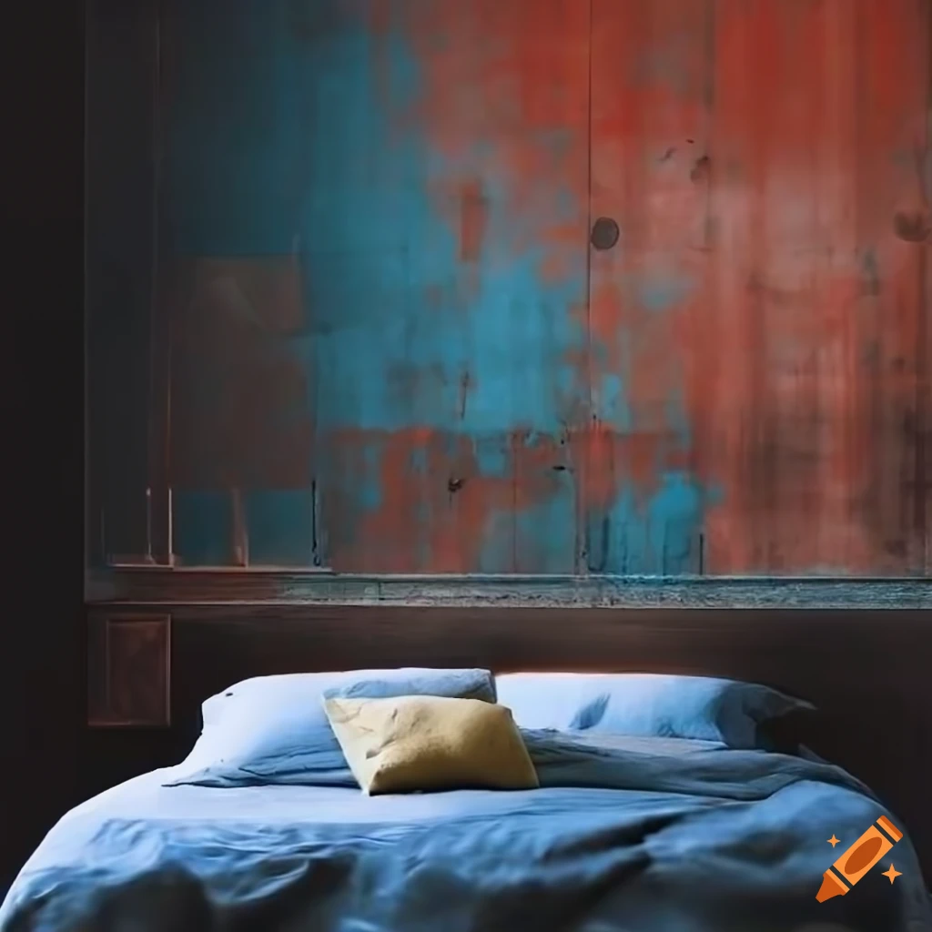 Modern cozy bedroom with metal-plated walls and industrial concrete decor