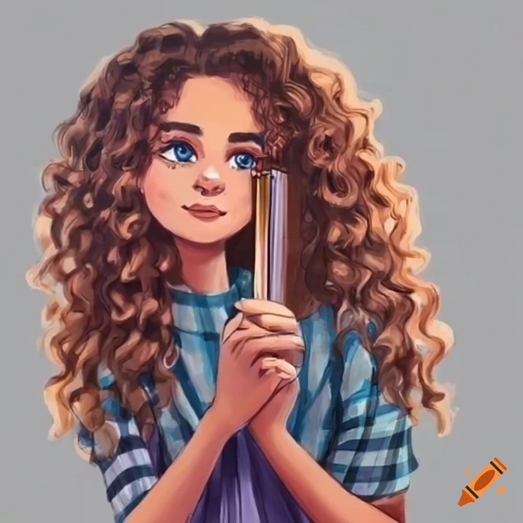 Emily, a polite British girl with curly brown hair and blue eyes, dressed in a plaid skirt and cozy sweater