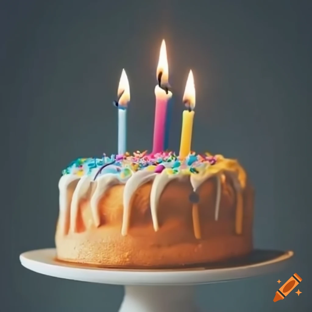 Colorful birthday cake with lit candles