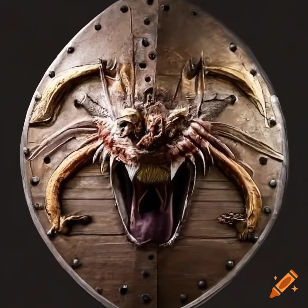 Ancient large shield with a dragon head as the main feature