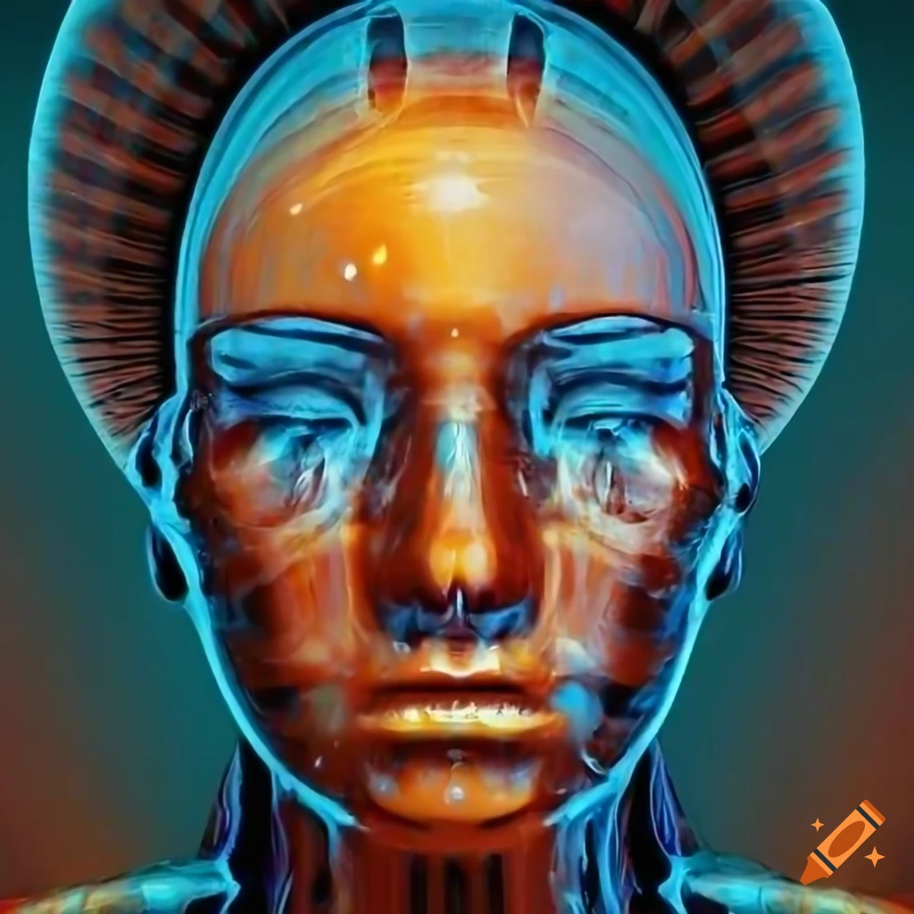 Biomechanoid woman face resembling C3PO with metallic surfaces
