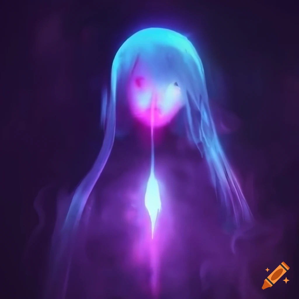 Eerie anime art of a ghostly figure with glowing eyes in smokey surroundings