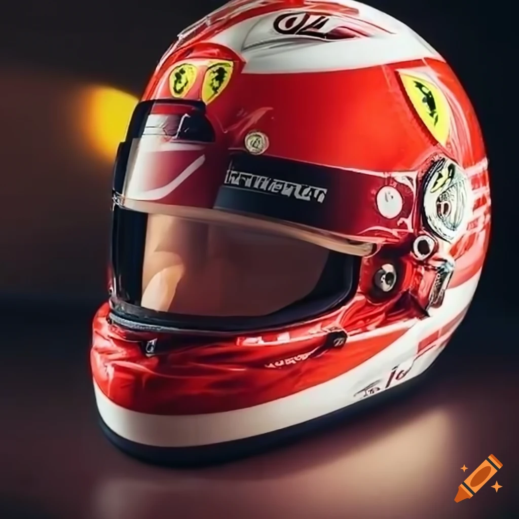 Detailed Sebastian Vettel's helmet design in Ferrari red and yellow colors