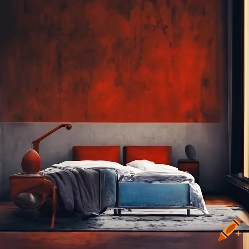 Post-modern cozy bedroom with industrial concrete elements