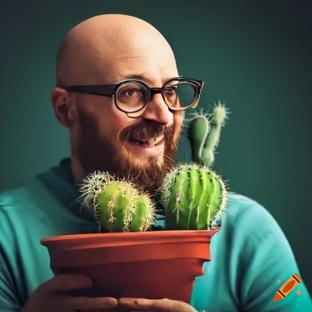 Happy bald man with brown beard and glasses holding potted cactuses