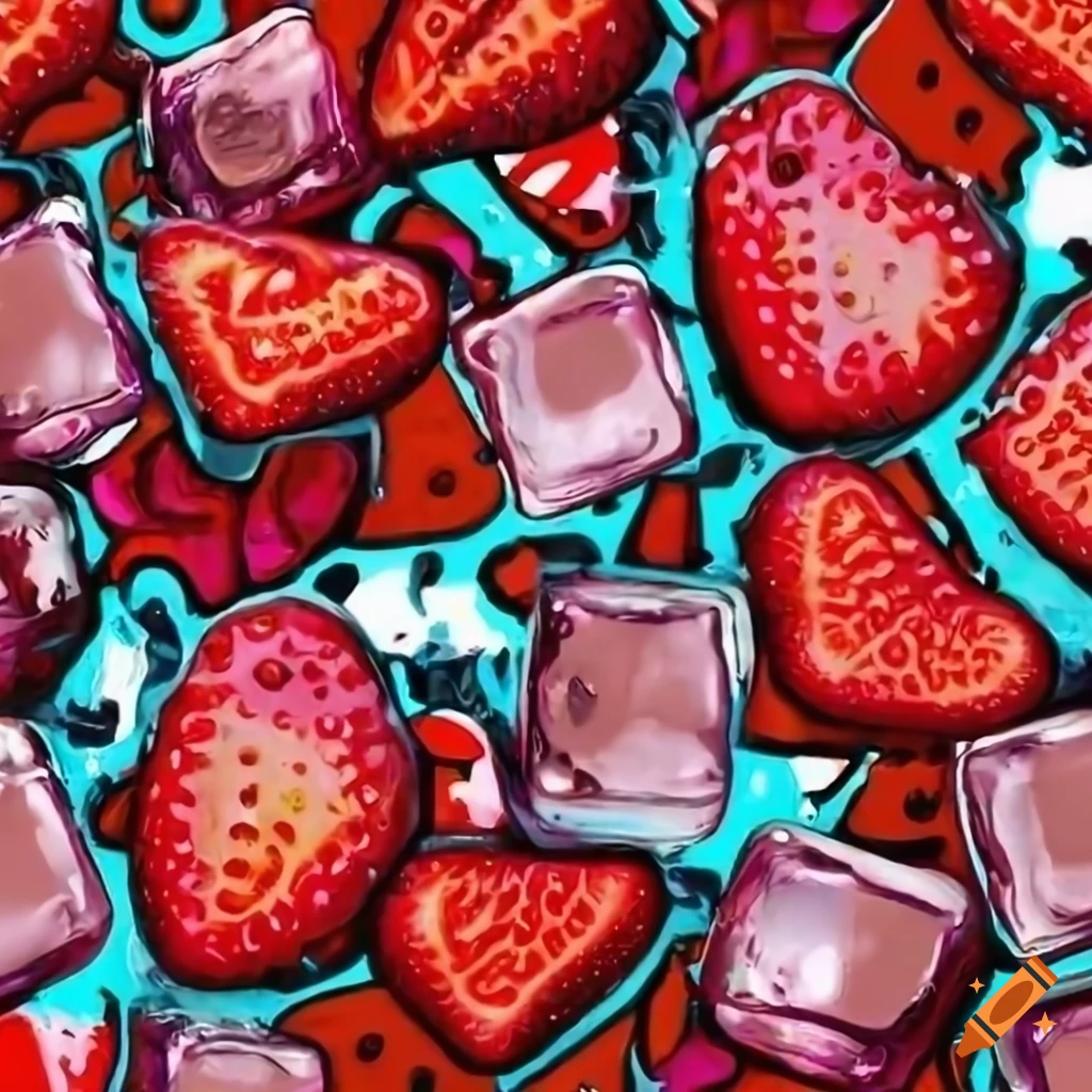 Graffiti-style background of strawberries and ice cubes, fresh and in 4K resolution