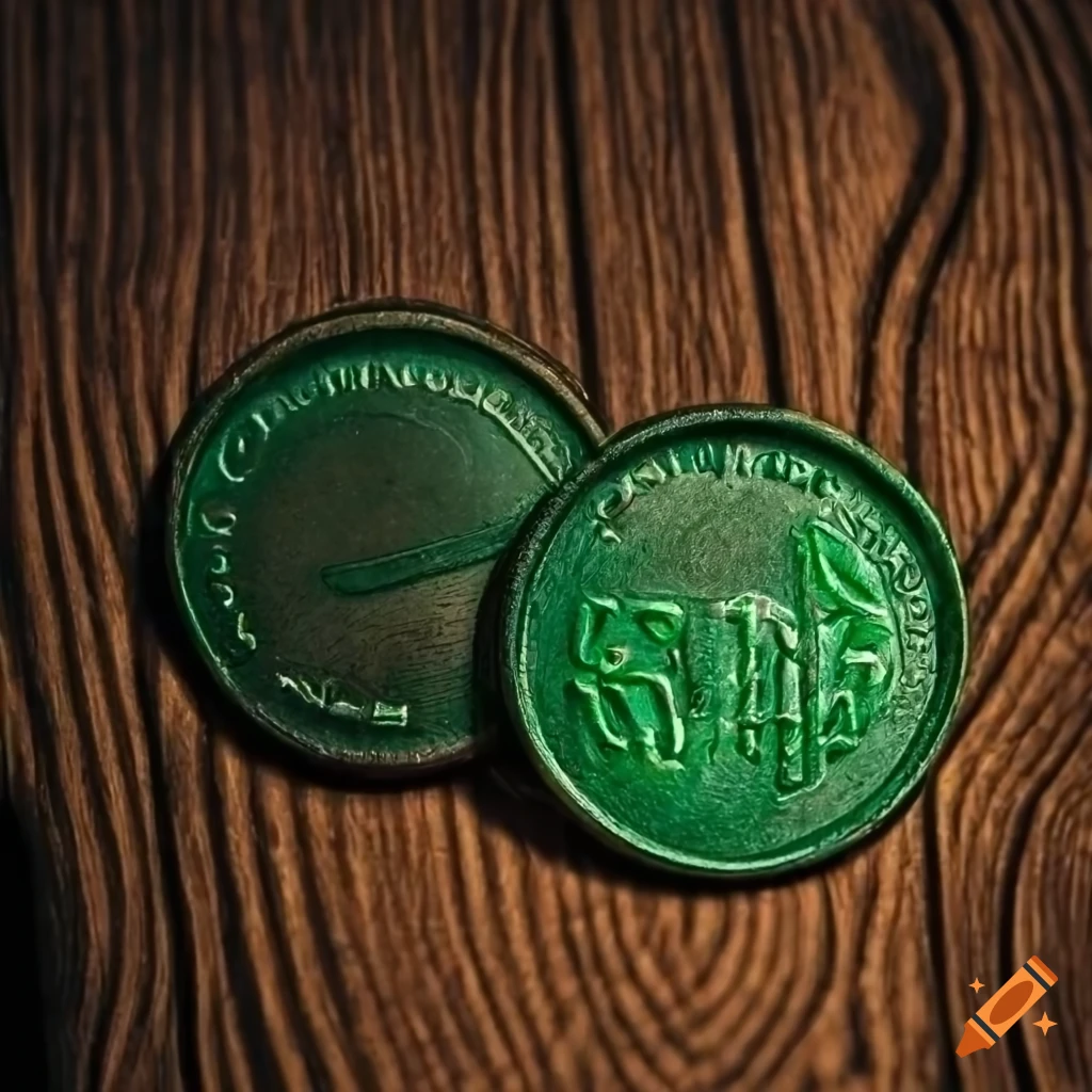 Green metal coins with runic inscription on a wooden background