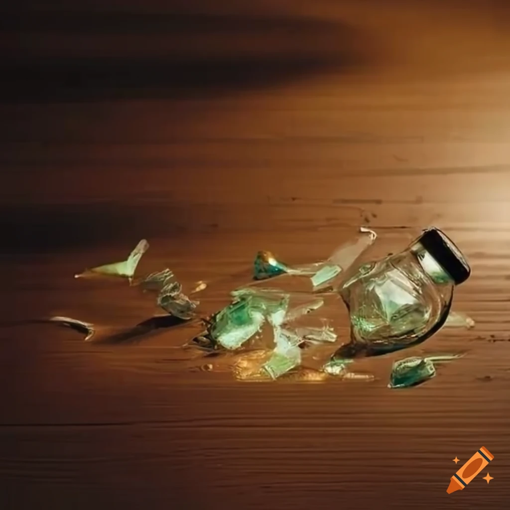 Shattered glass bottles on floor illuminated by soft sunlight