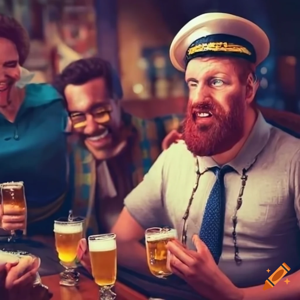 Sea captain enjoying beer with friends in a pub