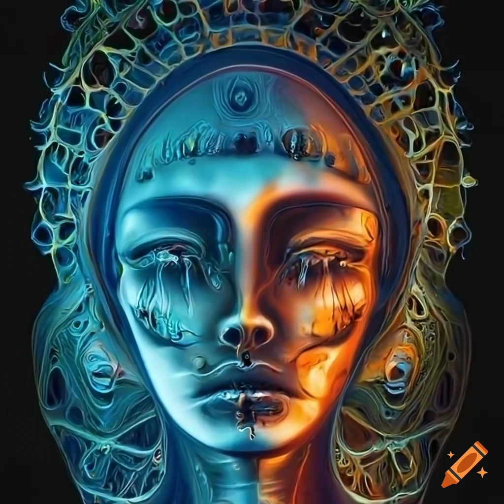 Biomechanoid woman face with metallic surfaces in a planetary system