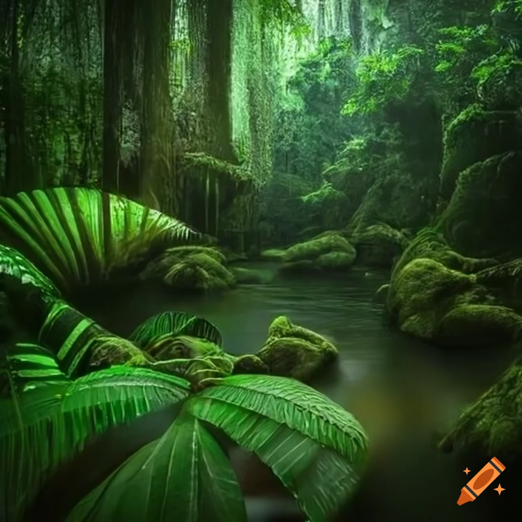 Large and wet rainforest in hyperrealistic detail