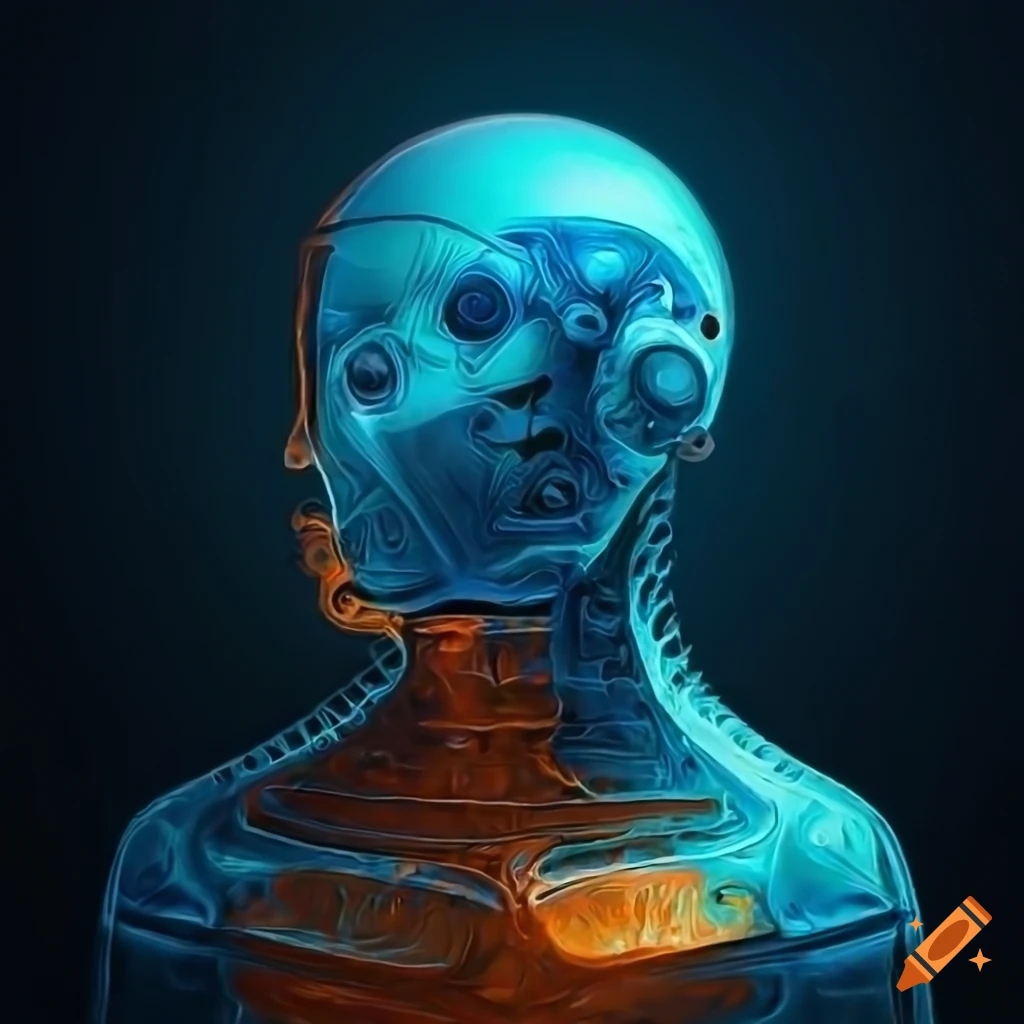 Biomechanoid man face of C3PO in x-ray vision with abstract metallic surfaces