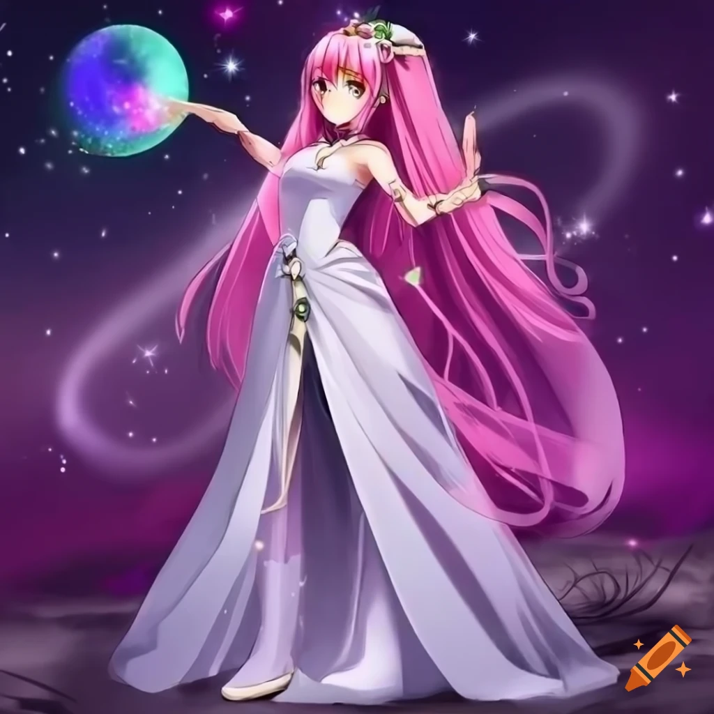 Anime lunar princess in cosmic veil and ethereal dress