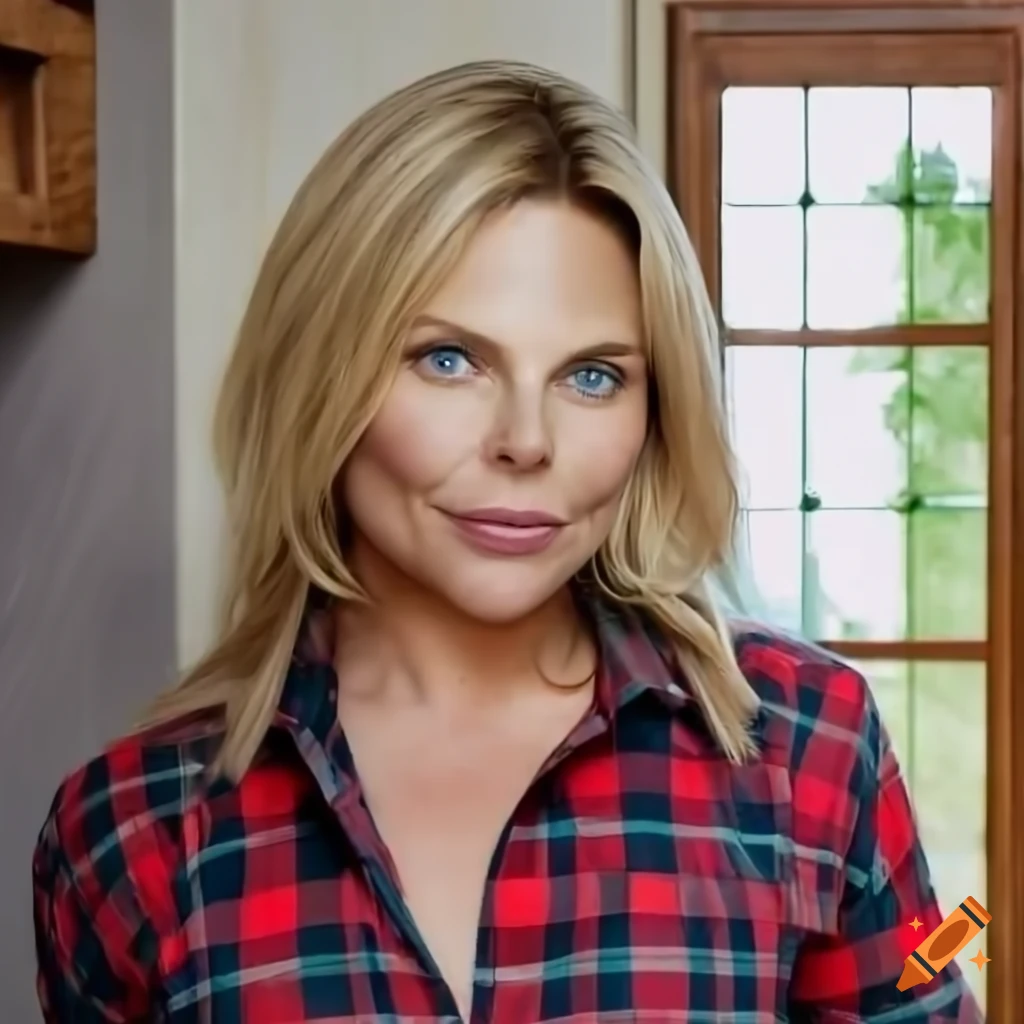 Blonde actress in country plaid shirt and high-waist black leather trousers peeking in a farmhouse kitchen