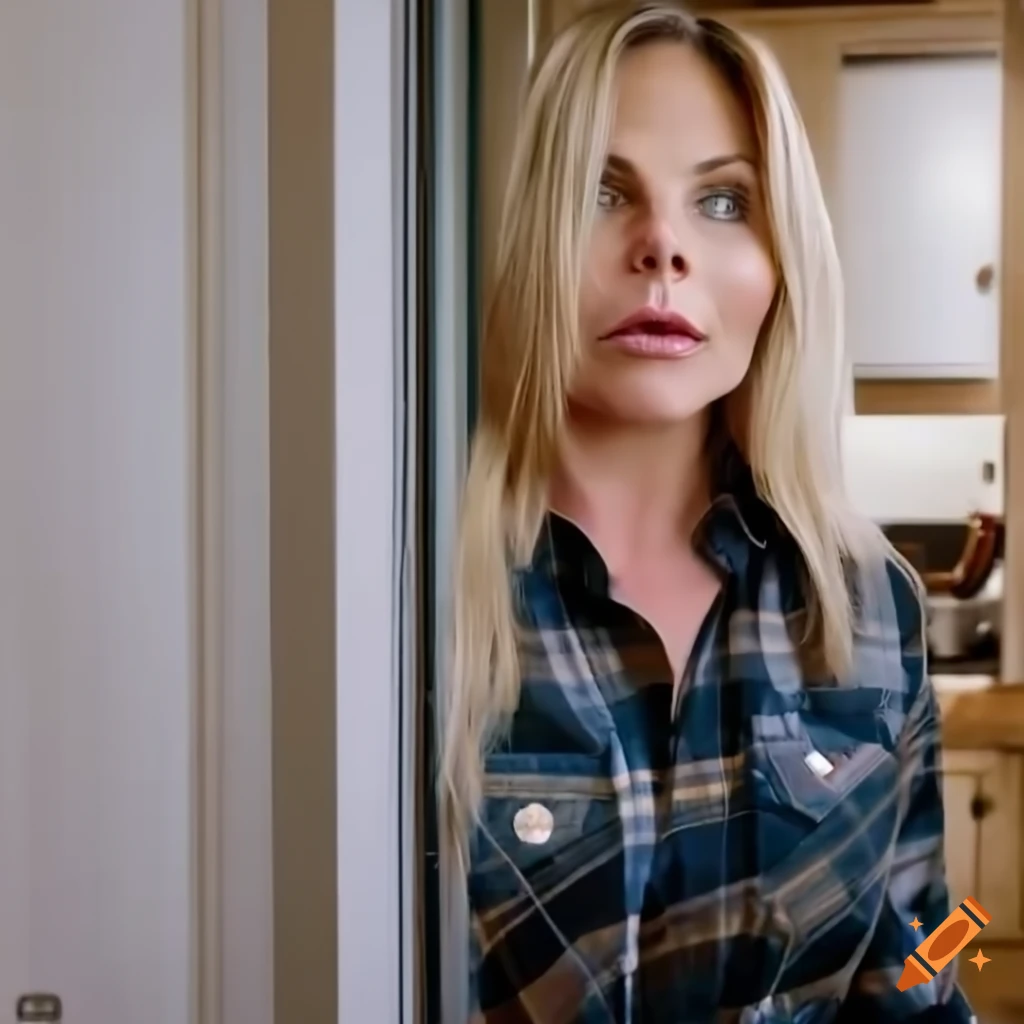 Blonde actress in country plaid shirt and high-waist black leather trousers peeking in a farmhouse kitchen