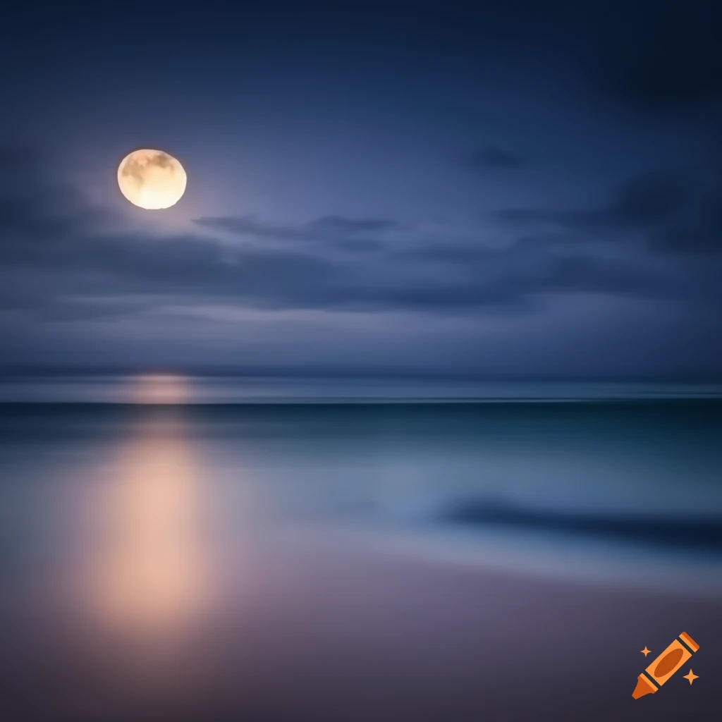 Nighttime view of the beach with moon reflection on water and clouds