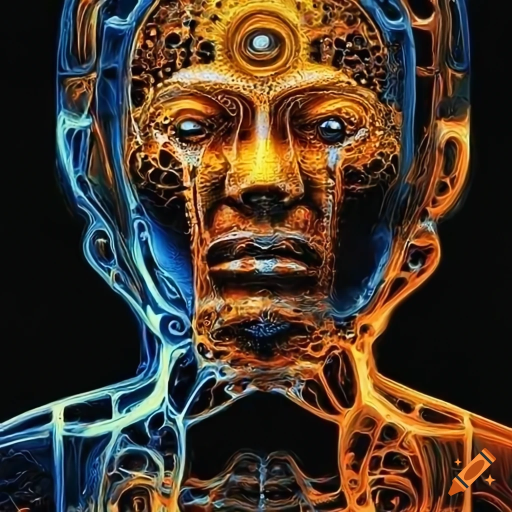 X-ray biomechanoid man face with metallic surfaces in a detailed abstract style