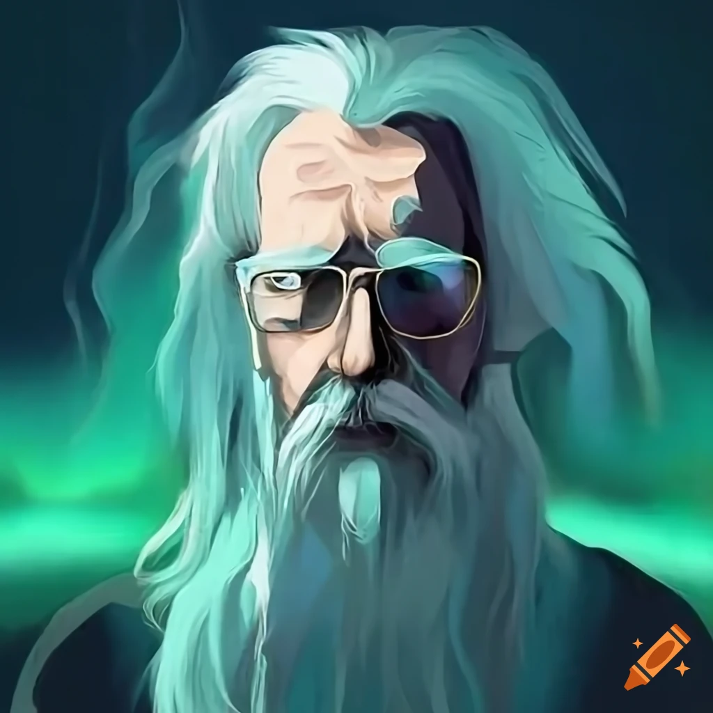 Old man with long white hair and beard floating in the aurora borealis