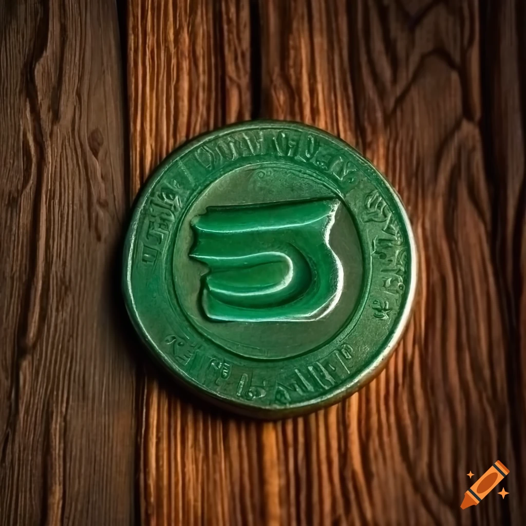 Green metal coins with runic inscription on a wooden background