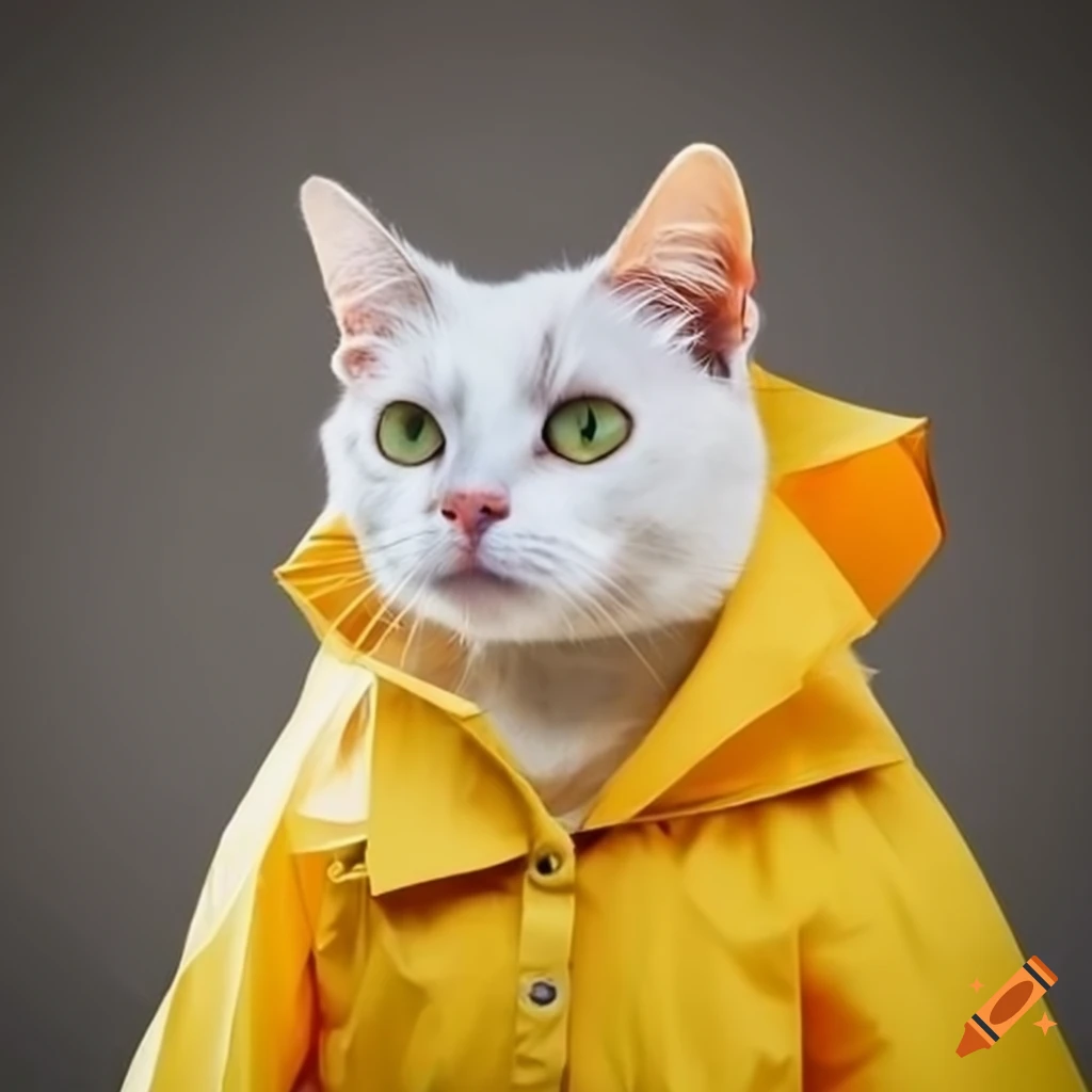 White cat in yellow raincoat with umbrella