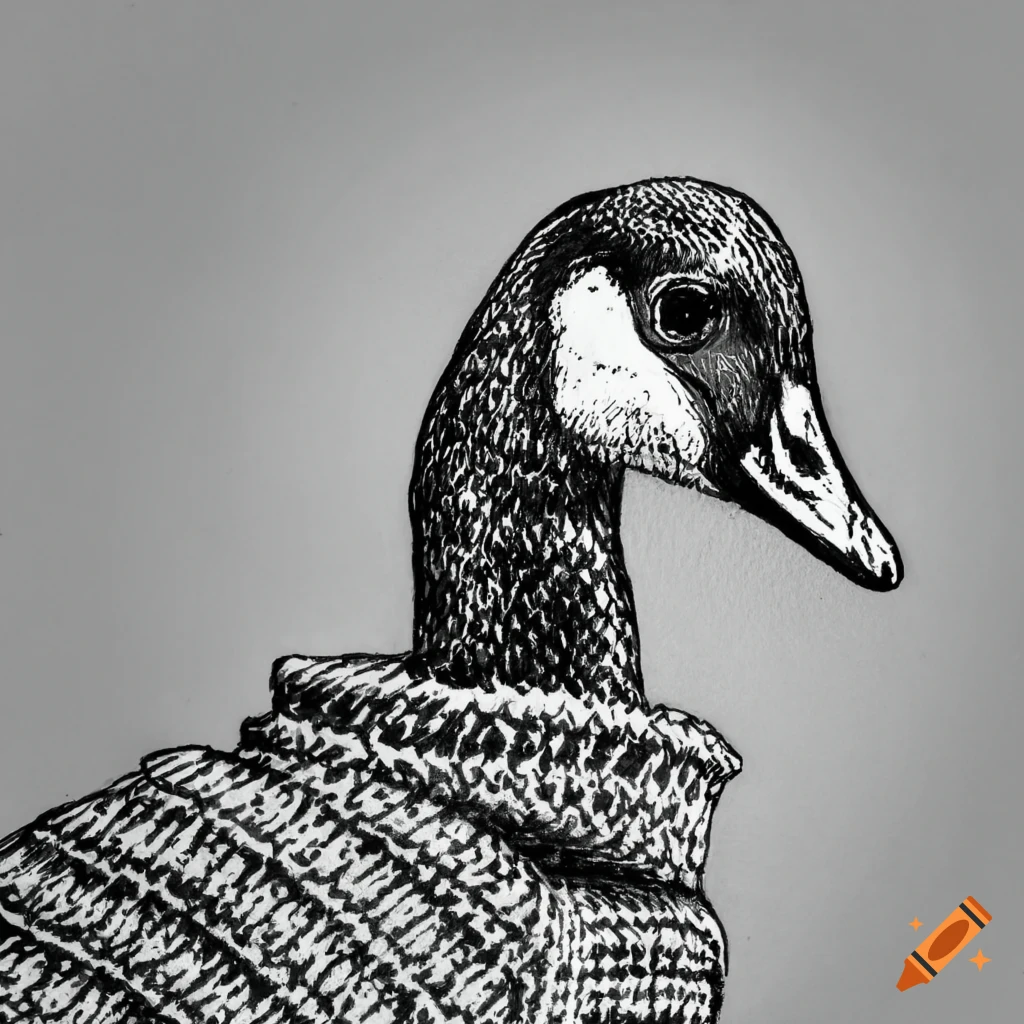 Canadian goose in a sweater black and white ink drawing