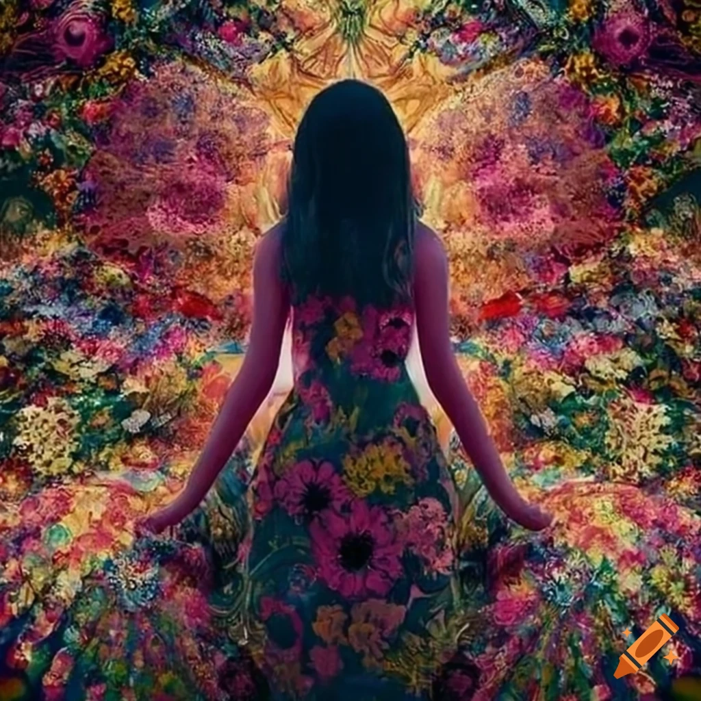 Enigmatic artwork of a woman in a floral dreamscape