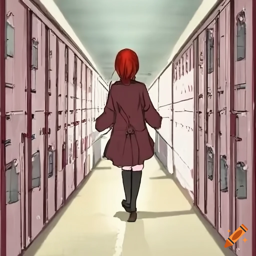 Red-haired teacher walking down hallway with lockers