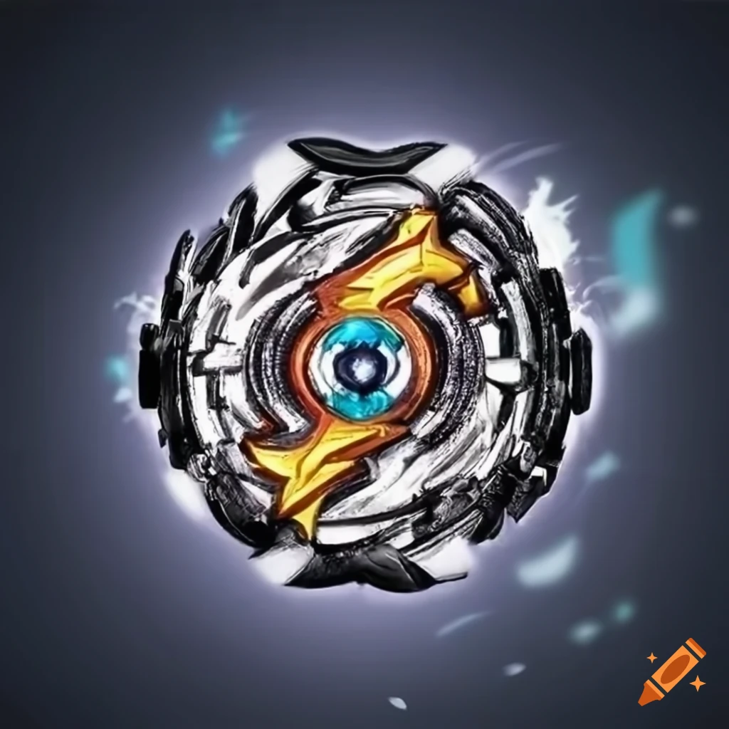 Intricately designed stamina-type Beyblade bursting with energy in black and white