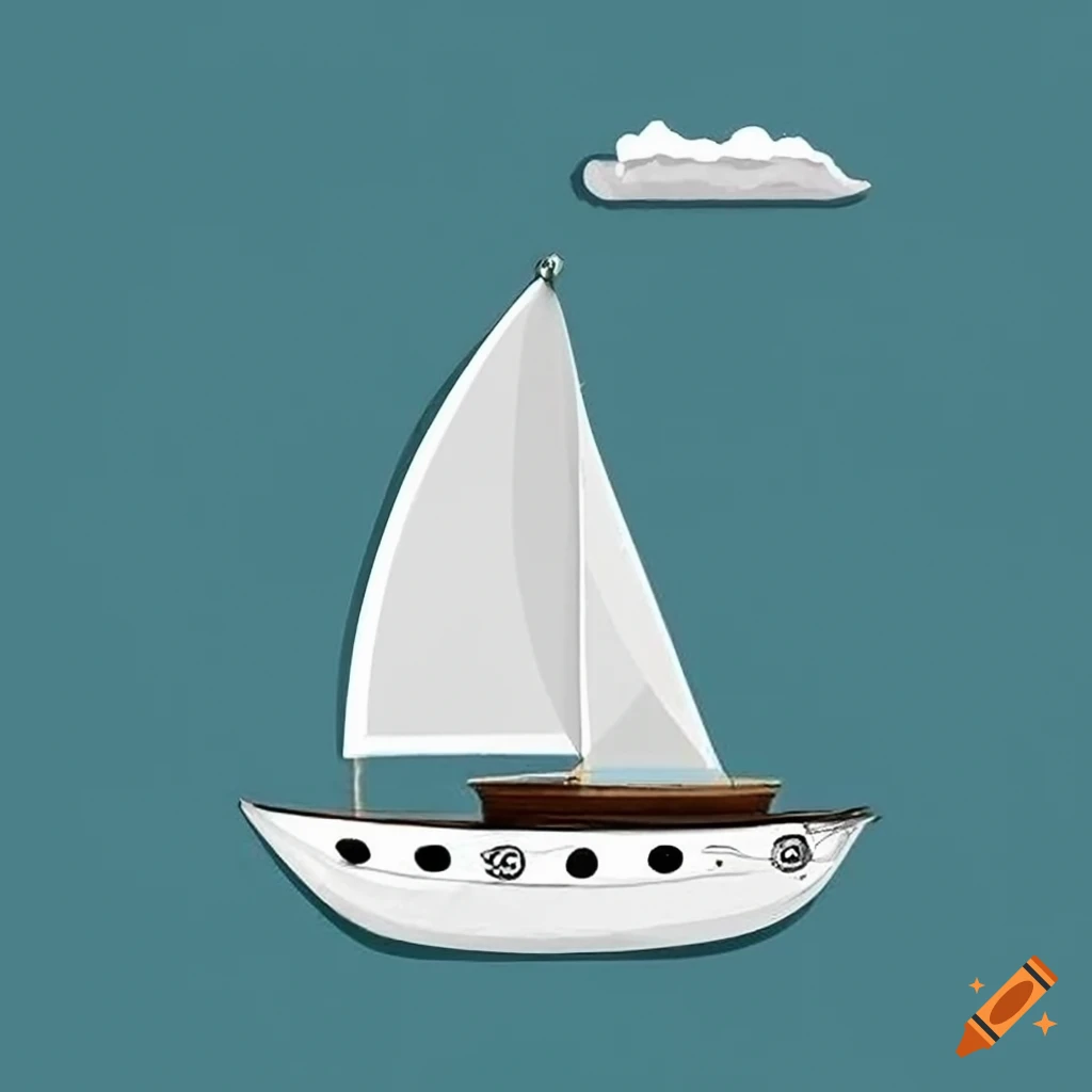 High-contrast black and white cartoon sailboat illustration in landscape orientation