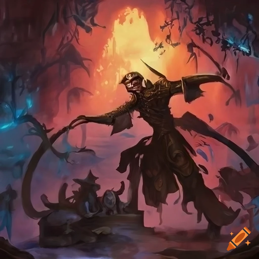 Magic the Gathering battle with 4 players in an Asian-style painting