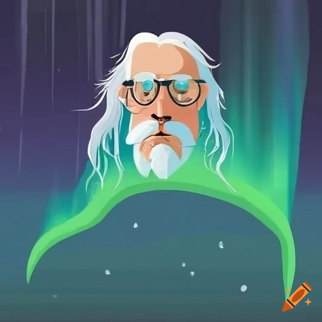 Old man with white hair and beard floating in the aurora borealis with a fountain pen