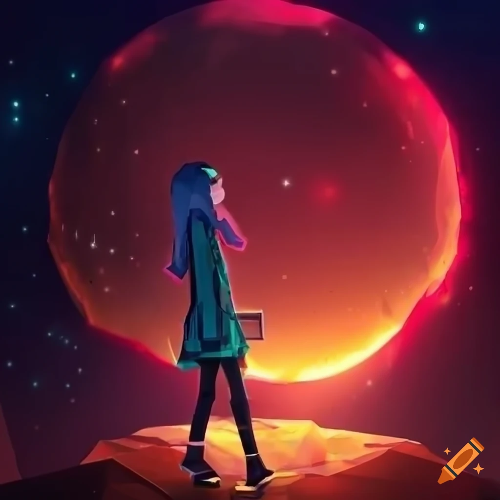 Captivating anime girl in a dreamy sci-fi space setting with low-poly graphics