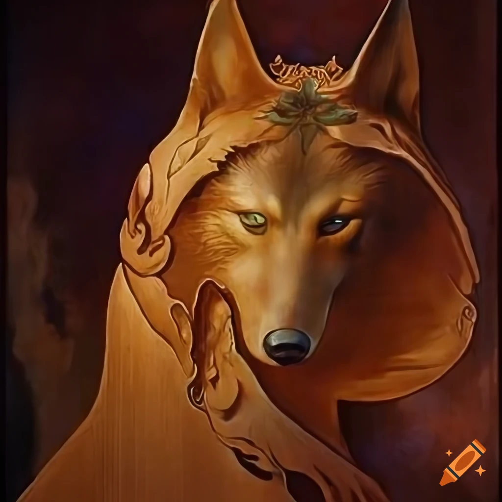 Wolf stave carving with glowing lighting inspired by Boris Vallejo, Alphonse Mucha, Escher, and Vermeer in a little red riding hood theme