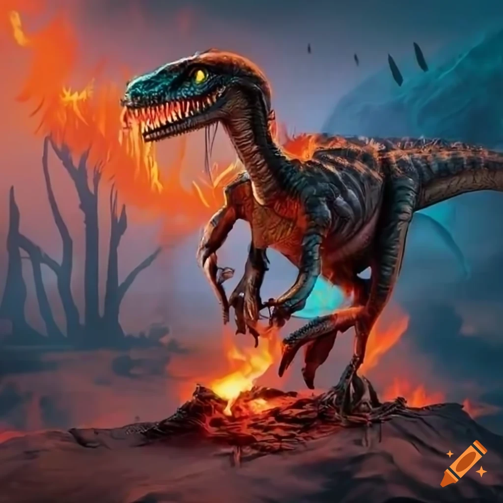 Metallic velociraptor surrounded by flames in a fantasy style HD image