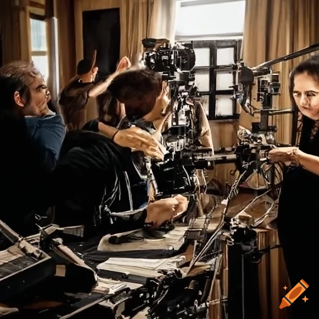 Artistic drawing of movie producer and team member collaborating on movie set