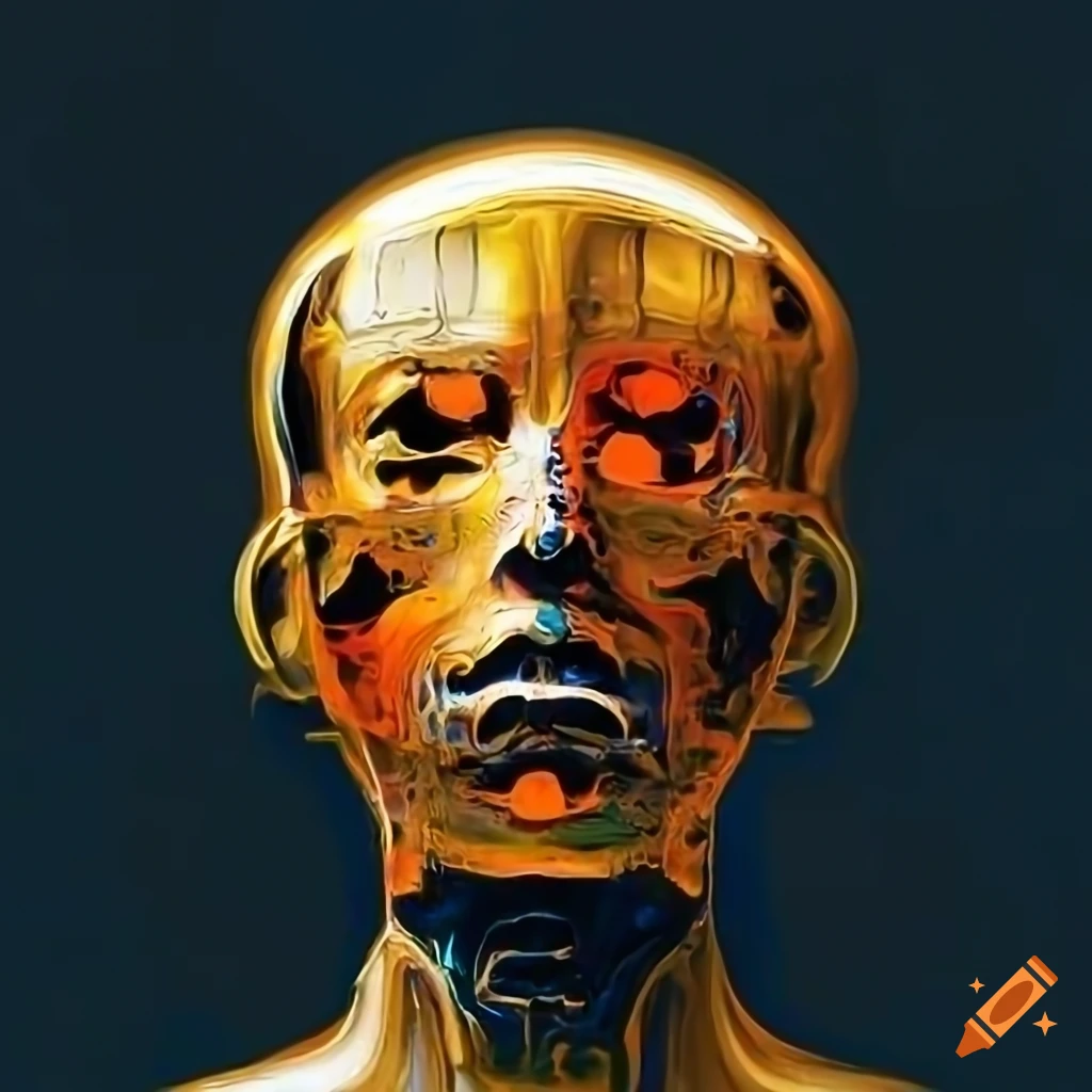 X-ray biomechanoid man face with metallic surfaces in a detailed abstract style