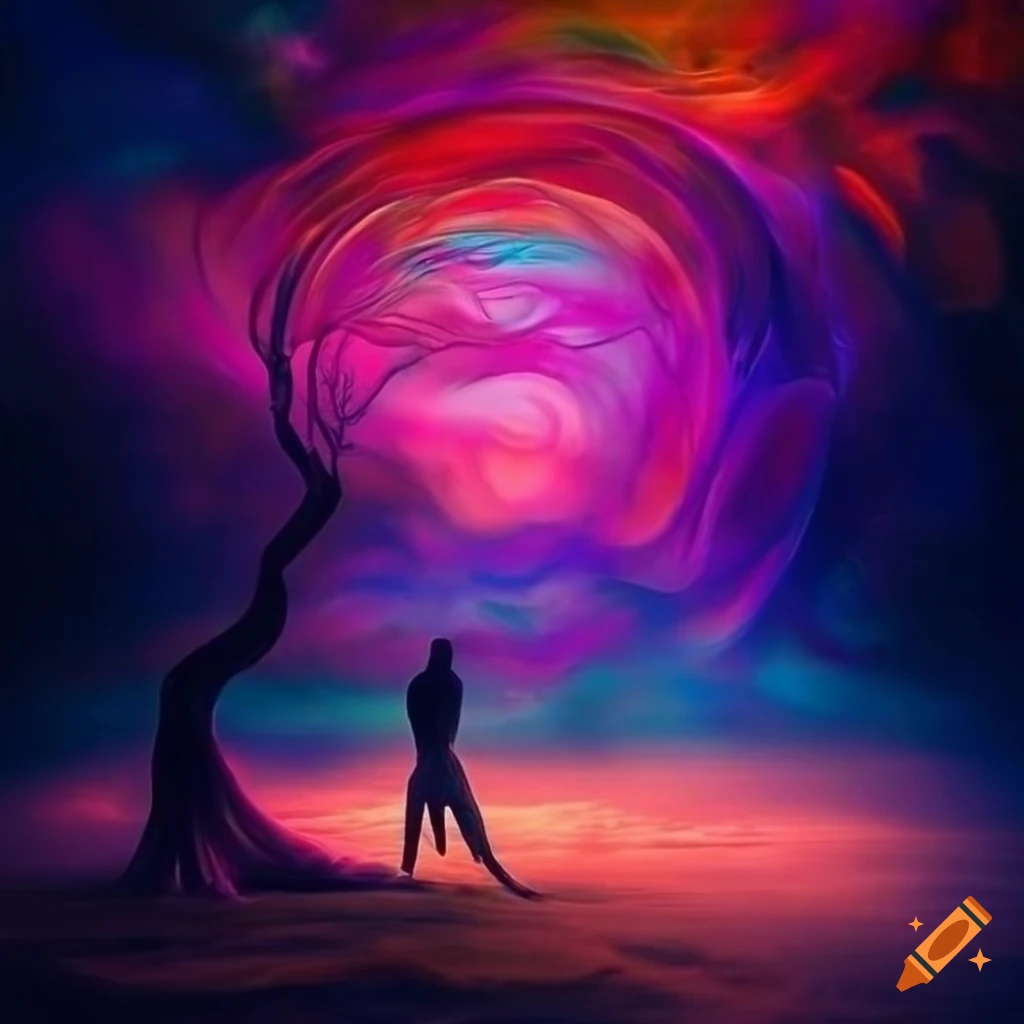 Surreal dreamscape with distorted human figures and fantasy elements