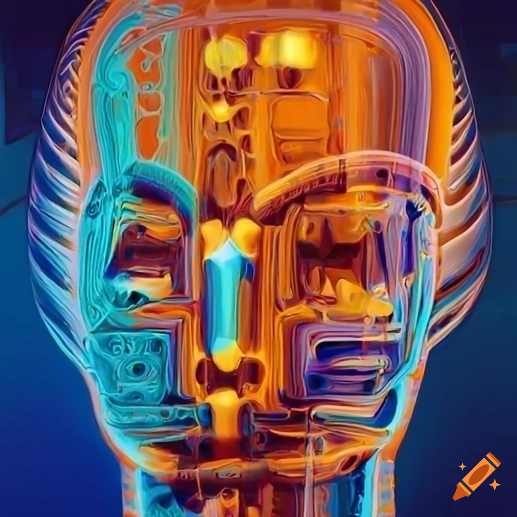 X-ray biomechanoid man face with metallic surfaces in a detailed abstract style